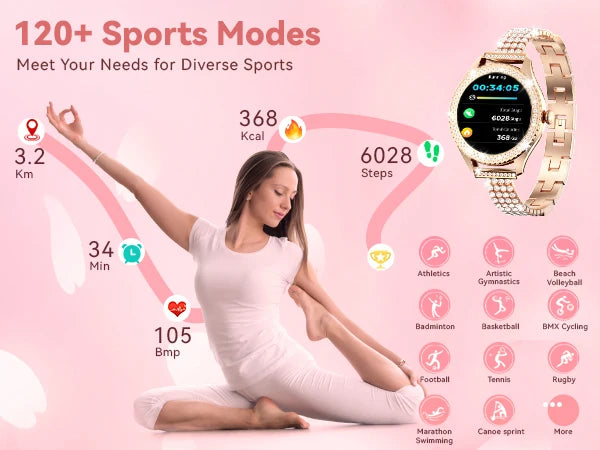 smartwatch for women supports wireless calls, over 100 sports modes and fitness tracking. It features music contr