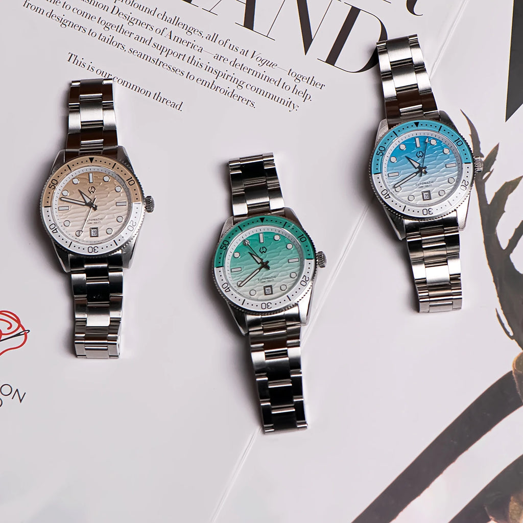 WISHDOIT Men's Automatic Dive Watch With Ocean Blue And White Ripple Dial 8215 Movement Sapphire Glass Mirror