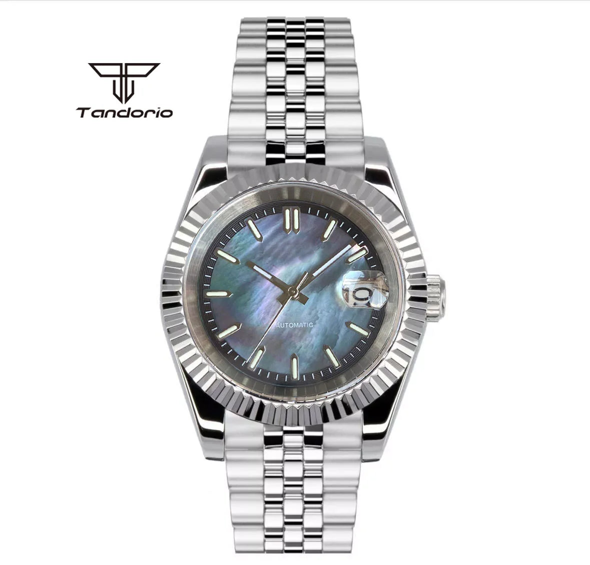 Tandorio 39mm Mechanical NH35 Mother of Pearl Dial Face Stainless Steel Automatic Watch Date Sapphire Men's Wristwatch Luminous
