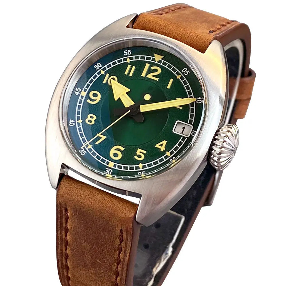 Tandorio CUSN8 Solid Bronze Case NH35A Domed AR Sapphire 36mm Luminous Green Vintage Mechanical Watch Men 20ATM Diving Clock