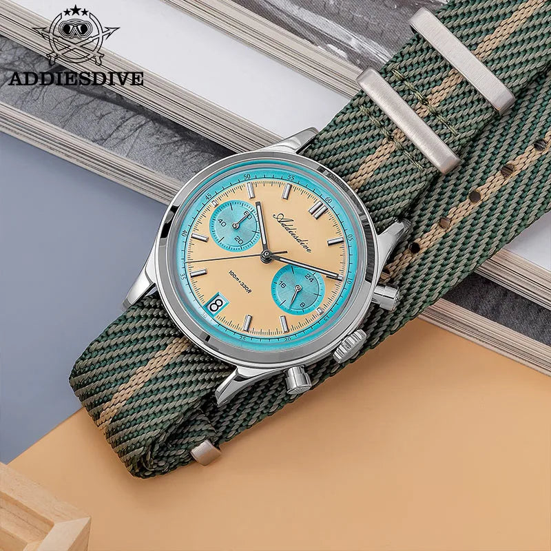 ADDIESDIVE Men's Quartz Chronograph Watch Luminous Bubble Glass 100m Waterproof Nylon Strap Watches For Man AD2095 Fashion Watch