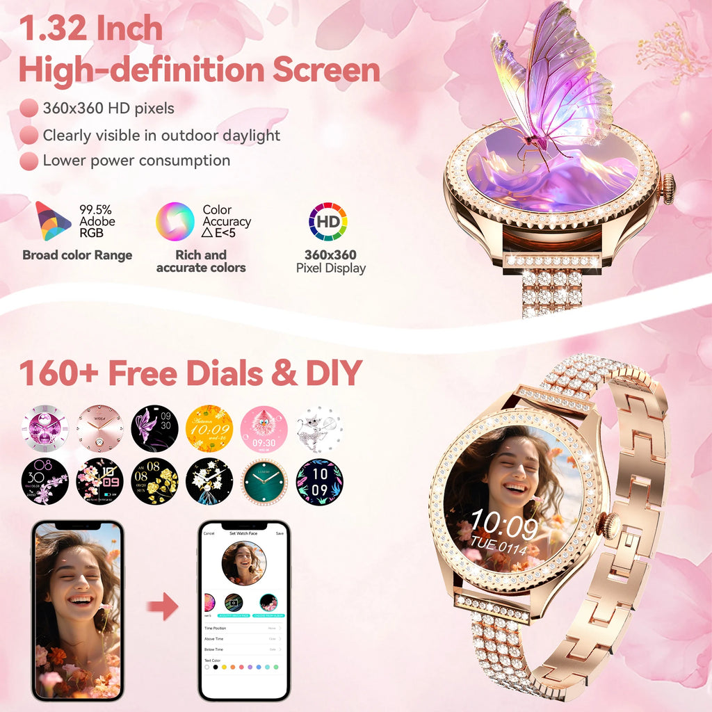 smartwatch for women supports wireless calls, over 100 sports modes and fitness tracking. It features music contr