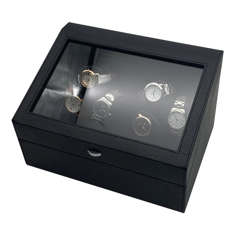 Leather Watch Winder Black 6-position Mechanical Watches Automatic Movement Winding Device Men Wrist Watch Storage Display Boxes