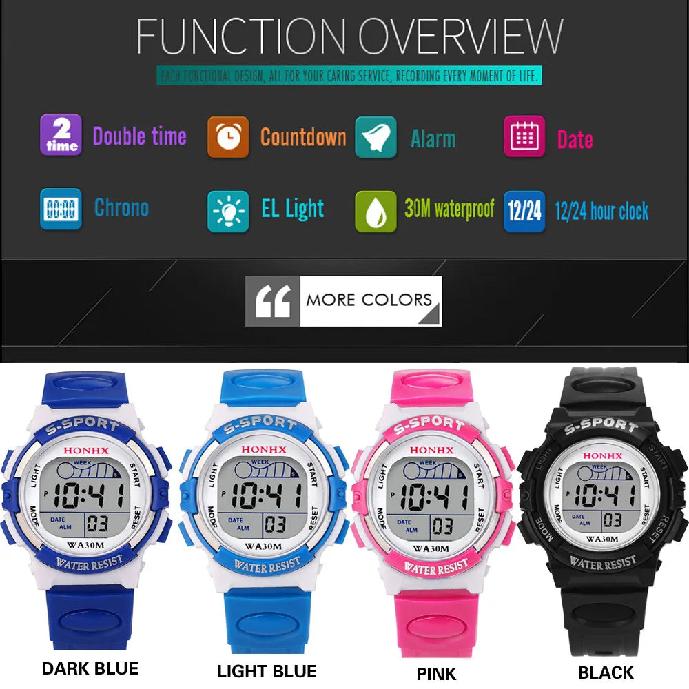 Kids Electronic Sports Watches Color Luminous LED Dial Life Waterproof Multi Function Alarm Clocks Watch For Boys And Girls