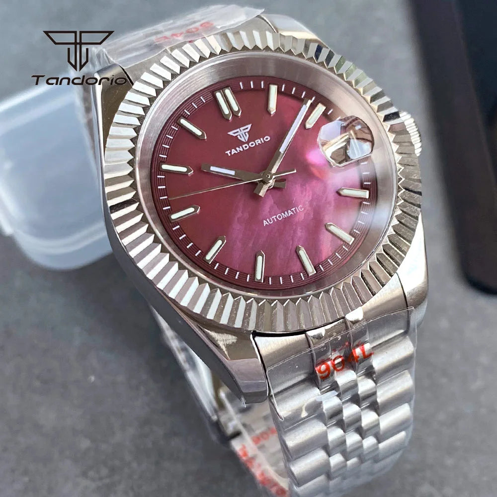 Tandorio 39mm Mechanical NH35 Mother of Pearl Dial Face Stainless Steel Automatic Watch Date Sapphire Men's Wristwatch Luminous
