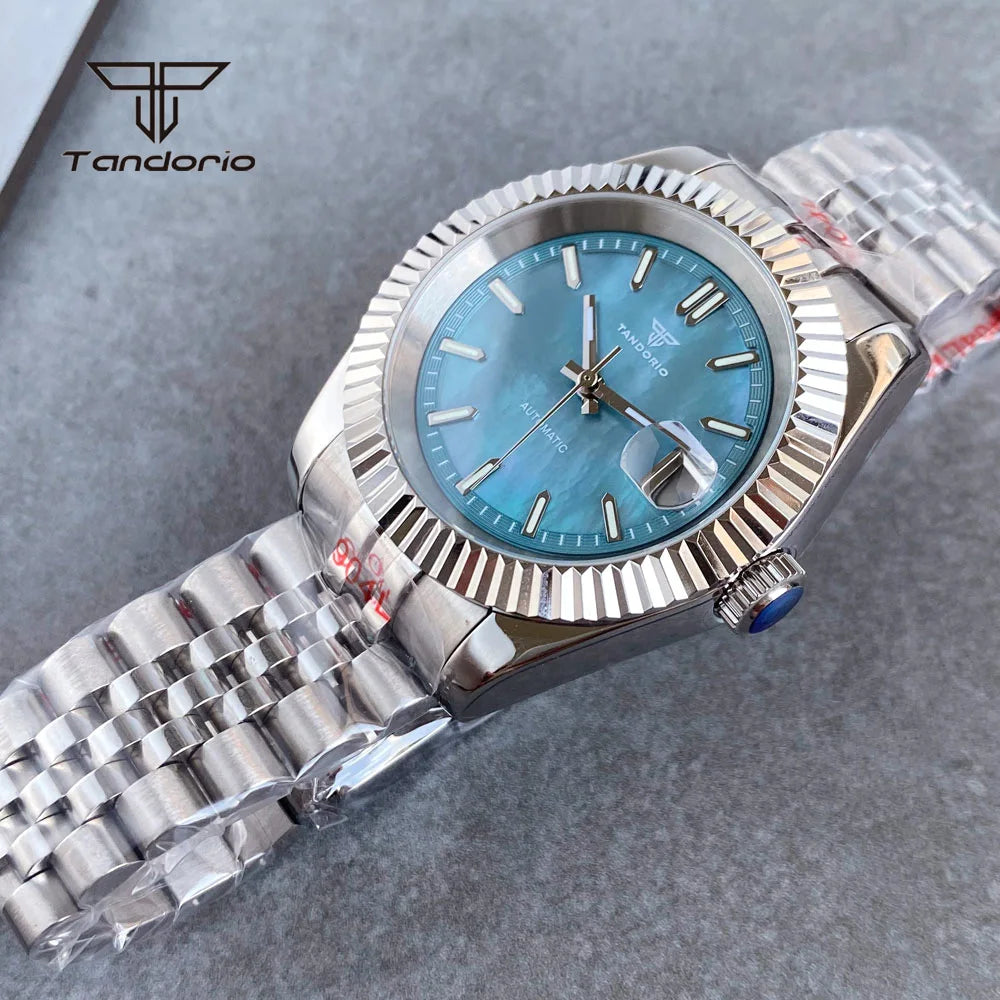 Tandorio 39mm Mechanical NH35 Mother of Pearl Dial Face Stainless Steel Automatic Watch Date Sapphire Men's Wristwatch Luminous