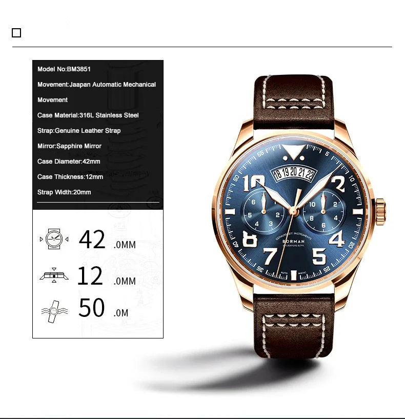 BORMAN BM3851 Mens Automatic Watches Panda 42mm Mechanical Wristwatch Waterproof Luminous Sapphire Miyota 9122 Week Date Month