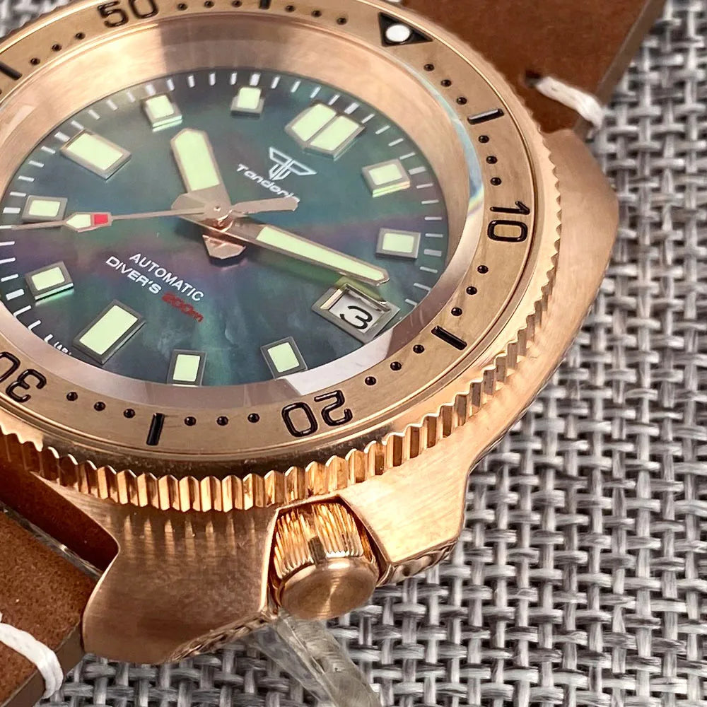 Mother of Pearl Material Black Green Luminous Dial CuSn8 Solid Bronze Turtle Sapphire Glass Diver NH35 Watch 200m Waterproof