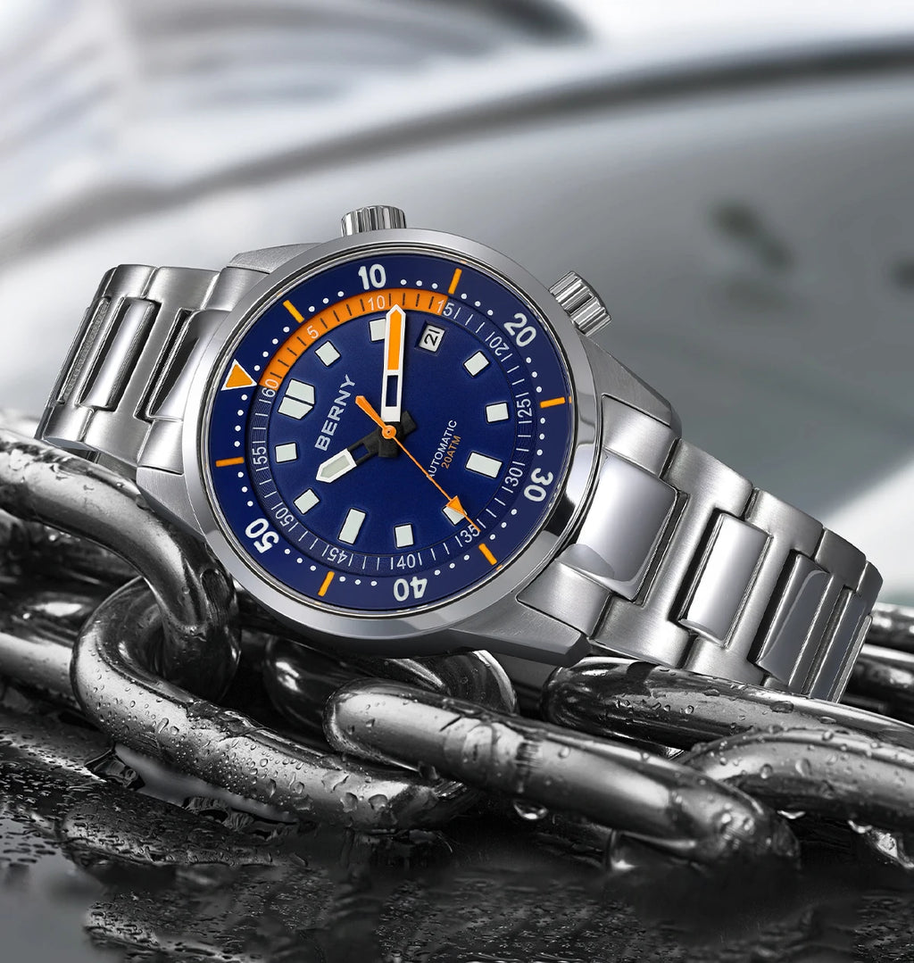 BERNY Automatic Diving Watches for Men 20AMT Super Luminous Mechanical Men's Diver Watch Sapphire Full Stainless Steel Dive