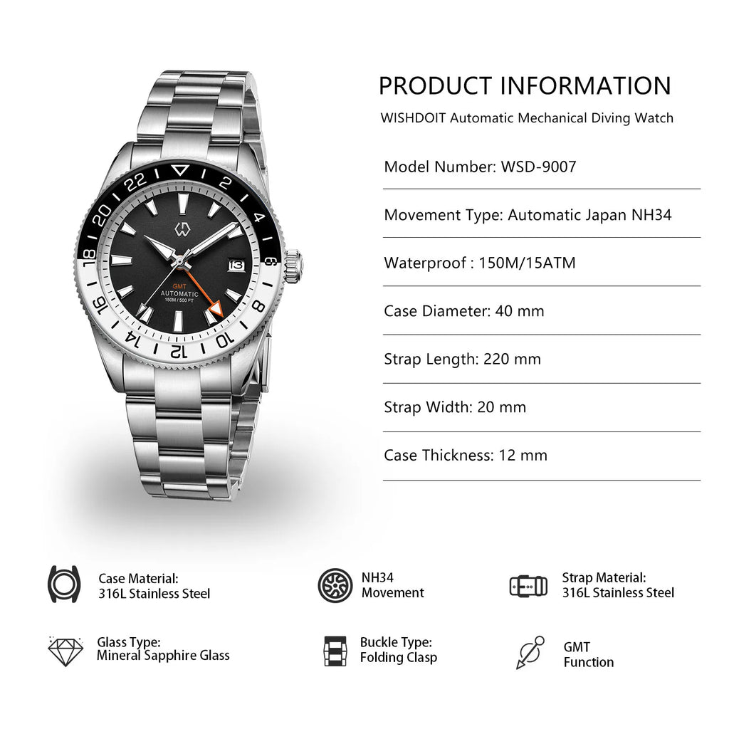 WISHDOIT New NH34 Men's Sports Automatic Mechanical GMT Sapphire Stainless Steel Waterproof 15 ATM With Rubber Strap