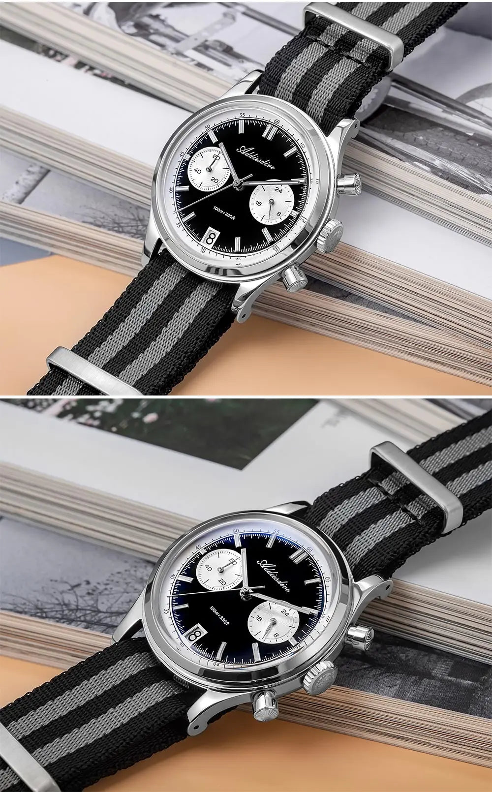 ADDIESDIVE Men's Quartz Chronograph Watch Luminous Bubble Glass 100m Waterproof Nylon Strap Watches For Man AD2095 Fashion Watch