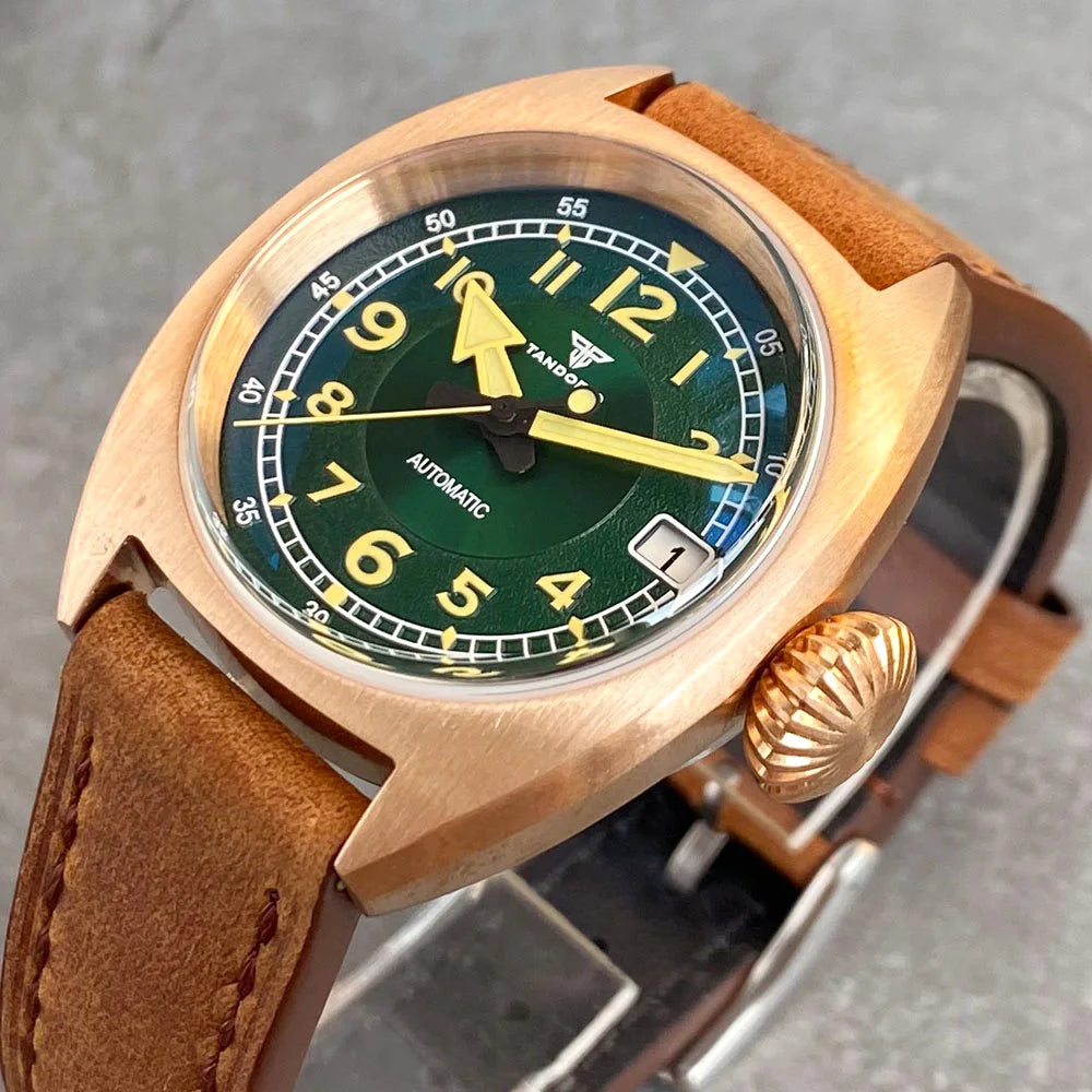 Tandorio CUSN8 Solid Bronze Case NH35A Domed AR Sapphire 36mm Luminous Green Vintage Mechanical Watch Men 20ATM Diving Clock