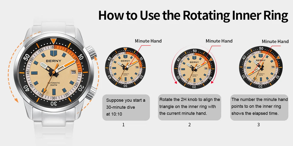 BERNY Automatic Diving Watches for Men 20AMT Super Luminous Mechanical Men's Diver Watch Sapphire Full Stainless Steel Dive