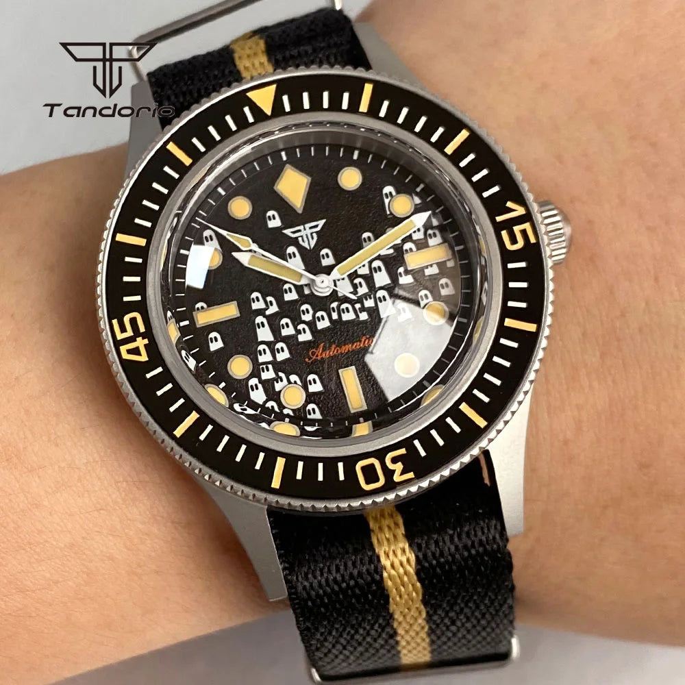 Tandorio Fashion Ghost Dial Luminous 50-Fathoms Style Dive Automatic NH35 Men's Watch Domed Sapphire 20ATM 40mm Sandblasted Case