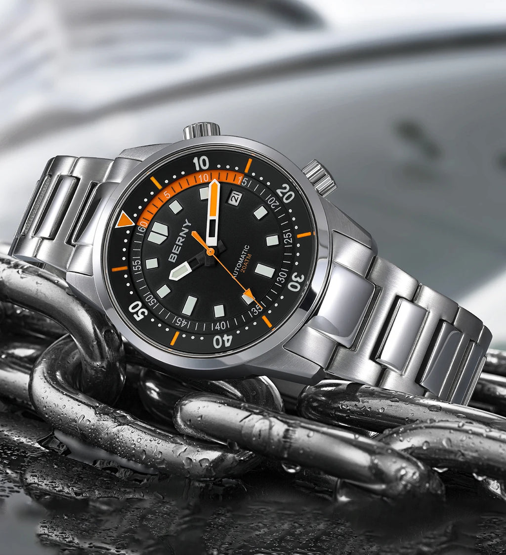 BERNY Automatic Diving Watches for Men 20AMT Super Luminous Mechanical Men's Diver Watch Sapphire Full Stainless Steel Dive