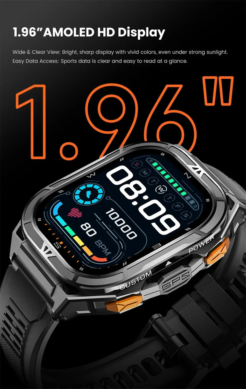 2025 New GPS Smart Watch Men 1.96-inch HD AMOLED Screen Compass Bluetooth Call 5ATM Waterproof Sport Smart Watch for Android iOS