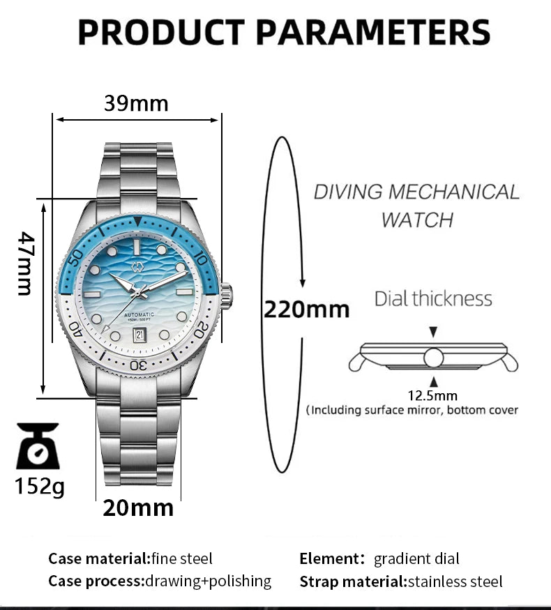 WISHDOIT Men's Automatic Dive Watch With Ocean Blue And White Ripple Dial 8215 Movement Sapphire Glass Mirror
