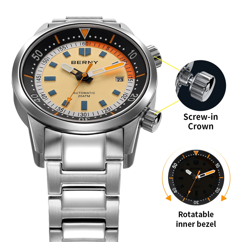 BERNY Automatic Diving Watches for Men 20AMT Super Luminous Mechanical Men's Diver Watch Sapphire Full Stainless Steel Dive