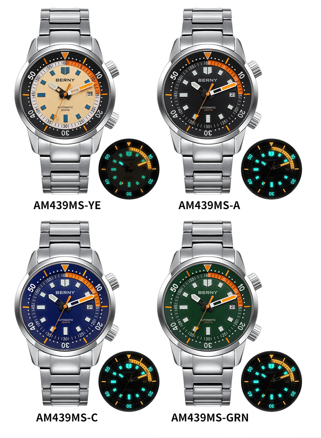 BERNY Automatic Diving Watches for Men 20AMT Super Luminous Mechanical Men's Diver Watch Sapphire Full Stainless Steel Dive