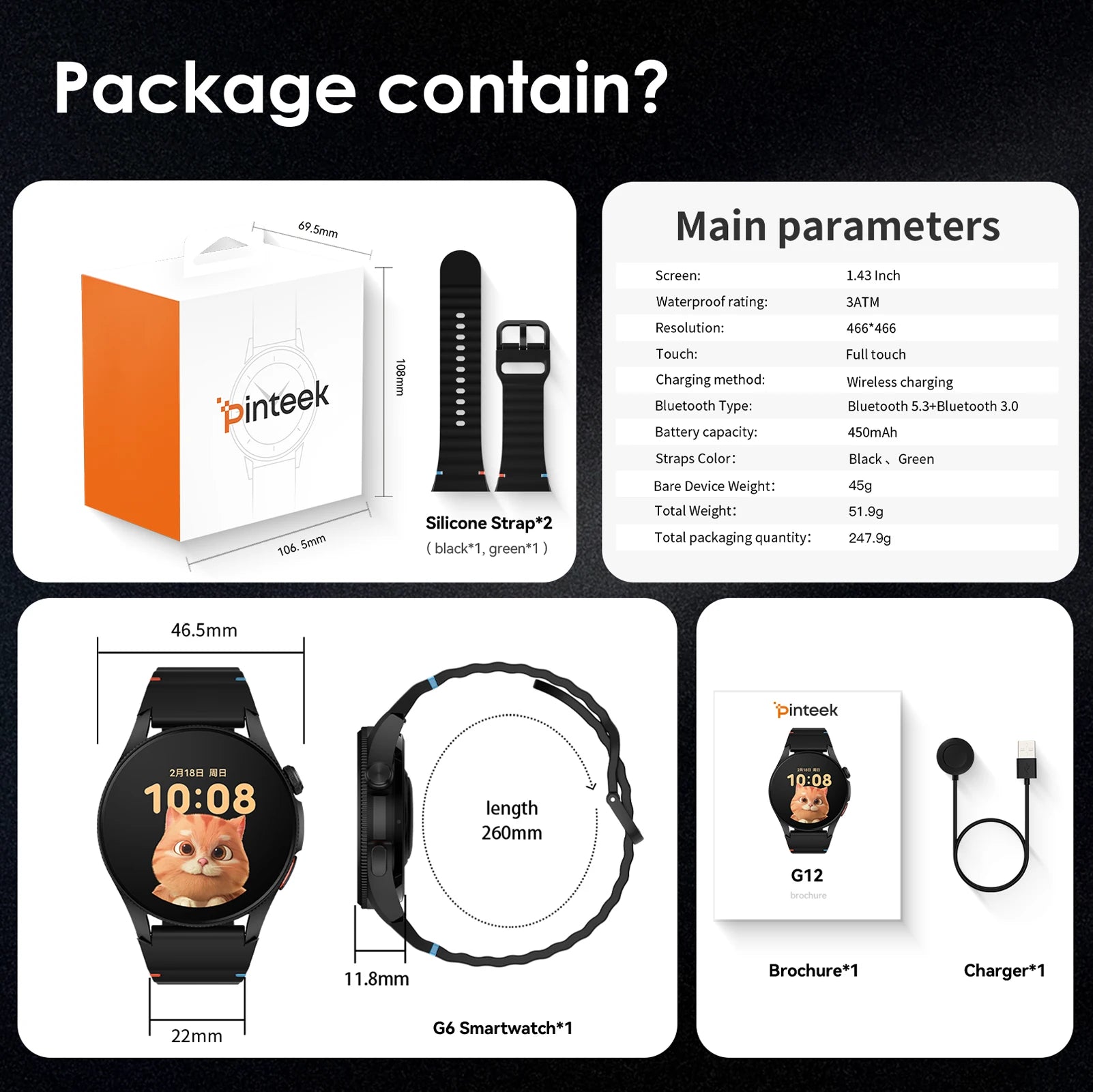 Smart Watch 1.43" AMOLED Screen Bluetooth Call GPS Fitness Tracker 150+ Sport Modes Heart Rate/SpO2 Monitor 450mAh