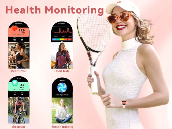 smartwatch for women supports wireless calls, over 100 sports modes and fitness tracking. It features music contr