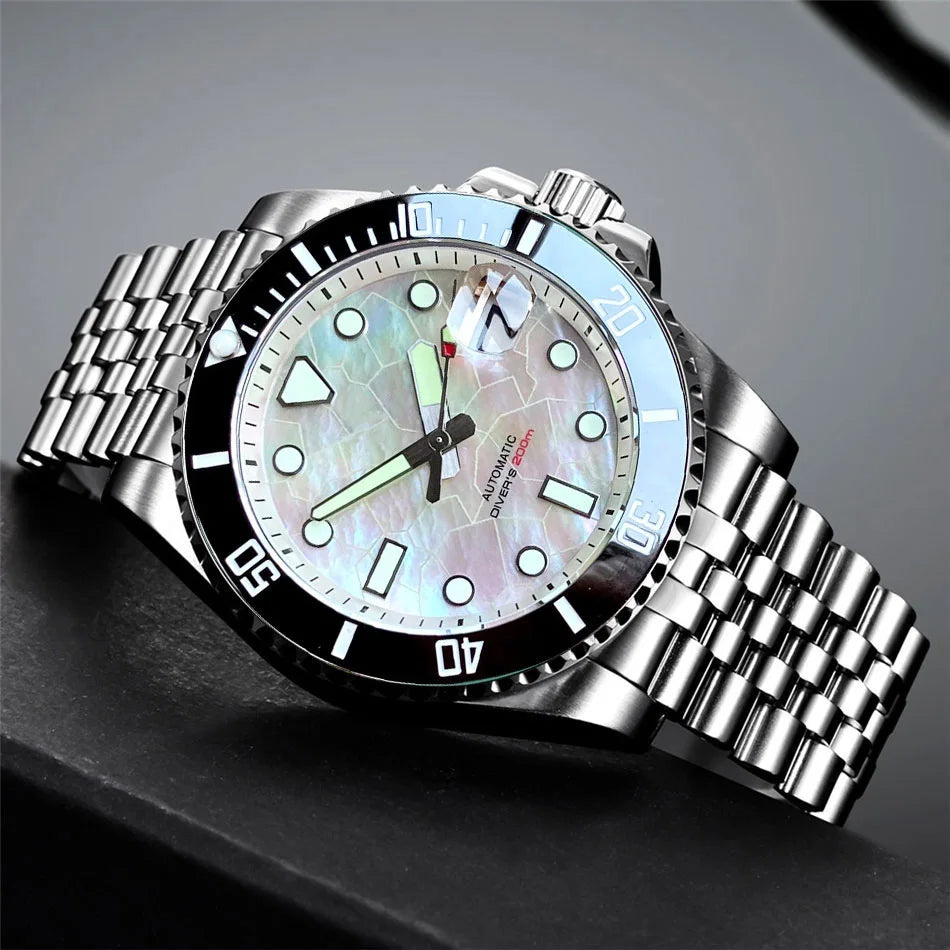 Tandorio 40mm Black White Mother of Pearl Dial Sapphire Glass NH35A Automatic Men Watch Date 20ATM Diver Roating Bezel Luminous