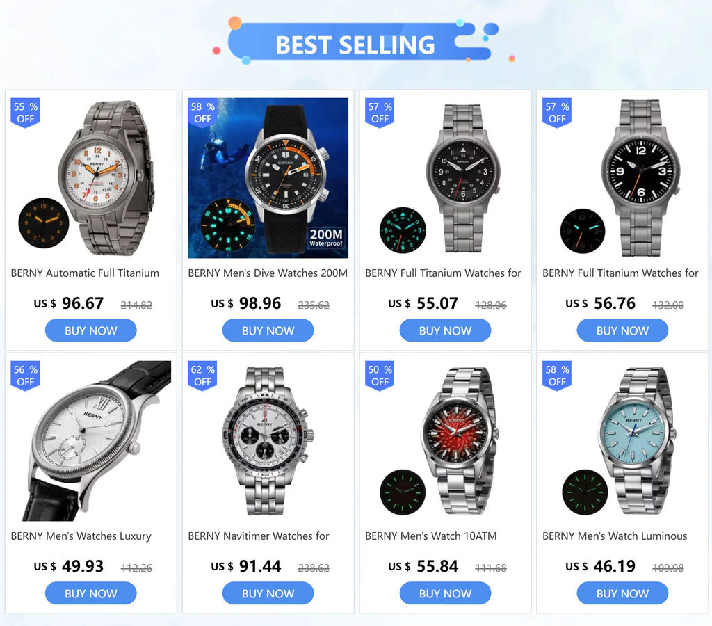 BERNY Automatic Diving Watches for Men 20AMT Super Luminous Mechanical Men's Diver Watch Sapphire Full Stainless Steel Dive