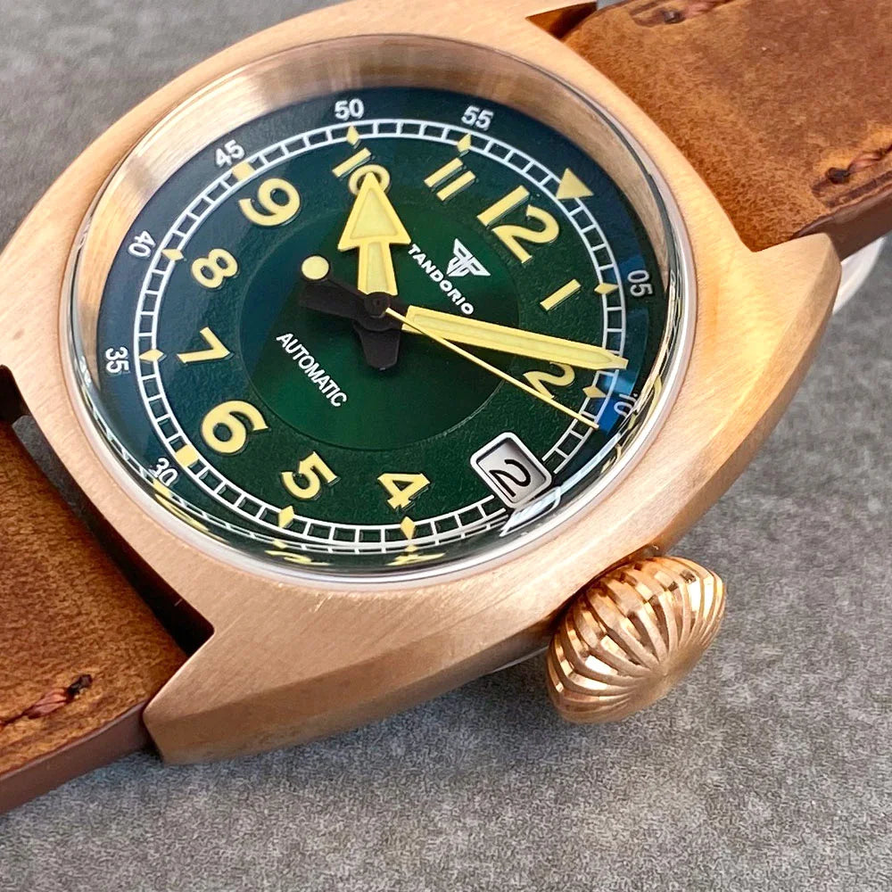 Tandorio CUSN8 Solid Bronze Case NH35A Domed AR Sapphire 36mm Luminous Green Vintage Mechanical Watch Men 20ATM Diving Clock