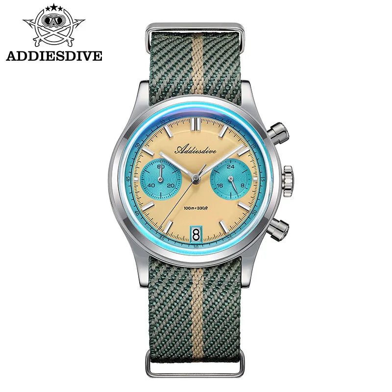 ADDIESDIVE Men's Quartz Chronograph Watch Luminous Bubble Glass 100m Waterproof Nylon Strap Watches For Man AD2095 Fashion Watch