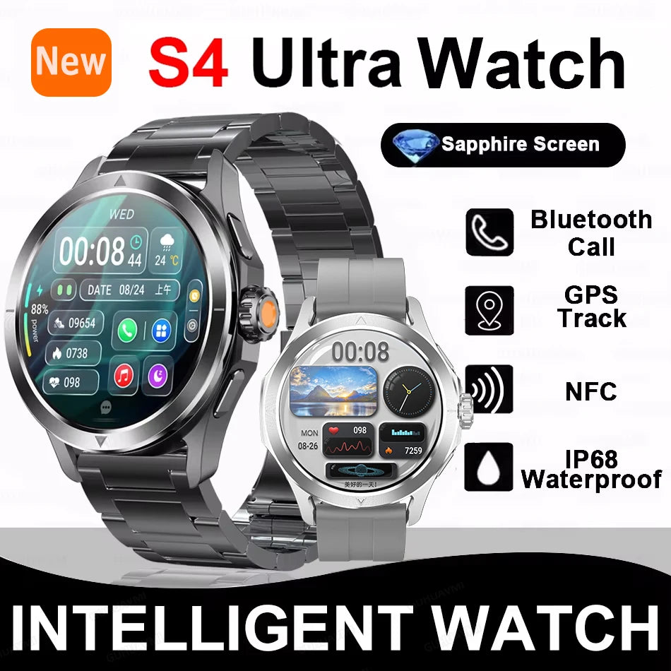2025 New S4 Ultra Outdoor Sport Smart Watch Men AMOLED HD Screen NFC GPS Compass Heart rate Waterproof Bluetooth Call SmartWatch