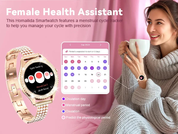 smartwatch for women supports wireless calls, over 100 sports modes and fitness tracking. It features music contr