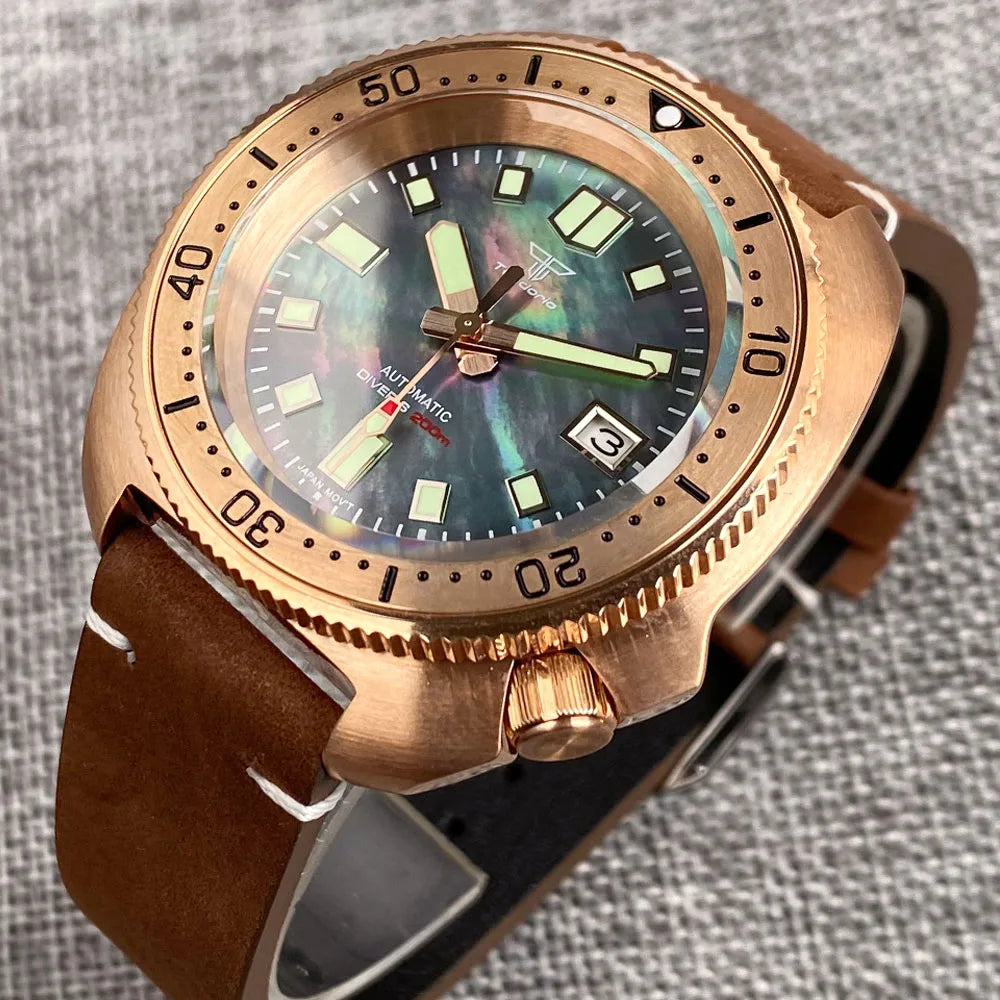 Mother of Pearl Material Black Green Luminous Dial CuSn8 Solid Bronze Turtle Sapphire Glass Diver NH35 Watch 200m Waterproof