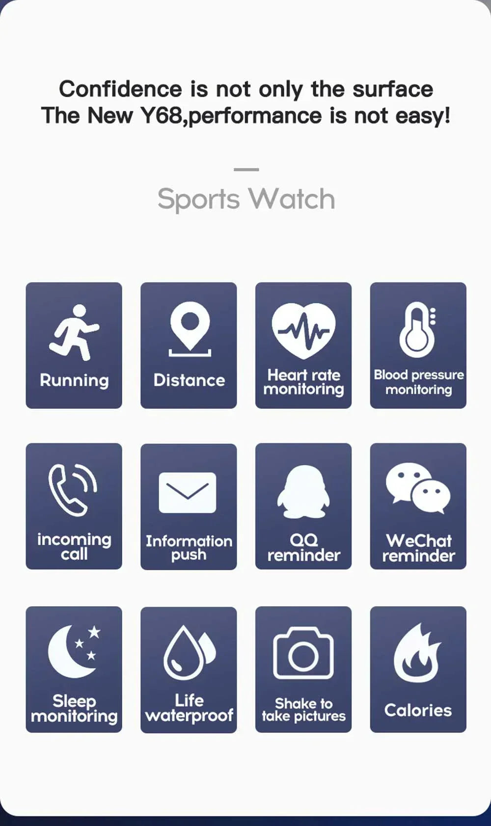Smart Watch Y68: Color Screen Fitness Tracker w/ Step Count, 12 Sports Modes, Notification Reminder, Camera/Music Remote