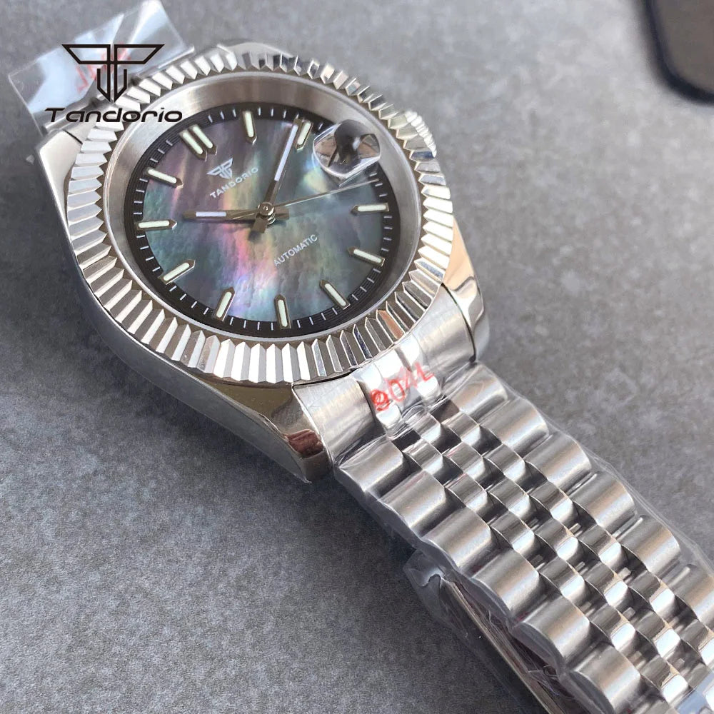 Tandorio 39mm Mechanical NH35 Mother of Pearl Dial Face Stainless Steel Automatic Watch Date Sapphire Men's Wristwatch Luminous