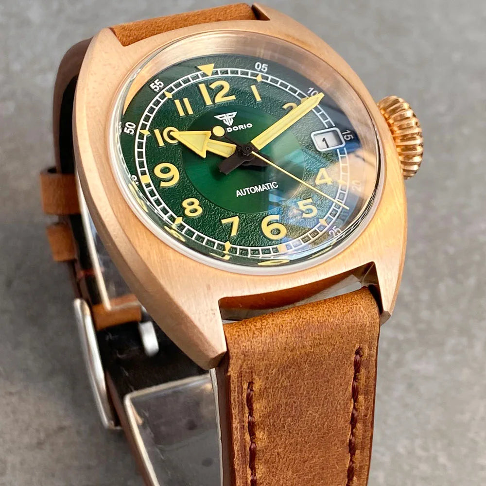 Tandorio CUSN8 Solid Bronze Case NH35A Domed AR Sapphire 36mm Luminous Green Vintage Mechanical Watch Men 20ATM Diving Clock