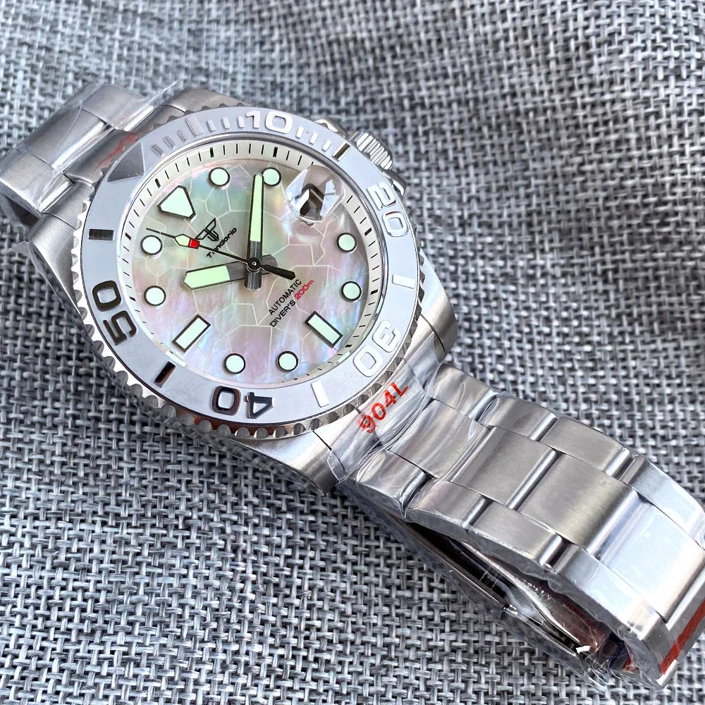 Tandorio 40mm Black White Mother of Pearl Dial Sapphire Glass NH35A Automatic Men Watch Date 20ATM Diver Roating Bezel Luminous
