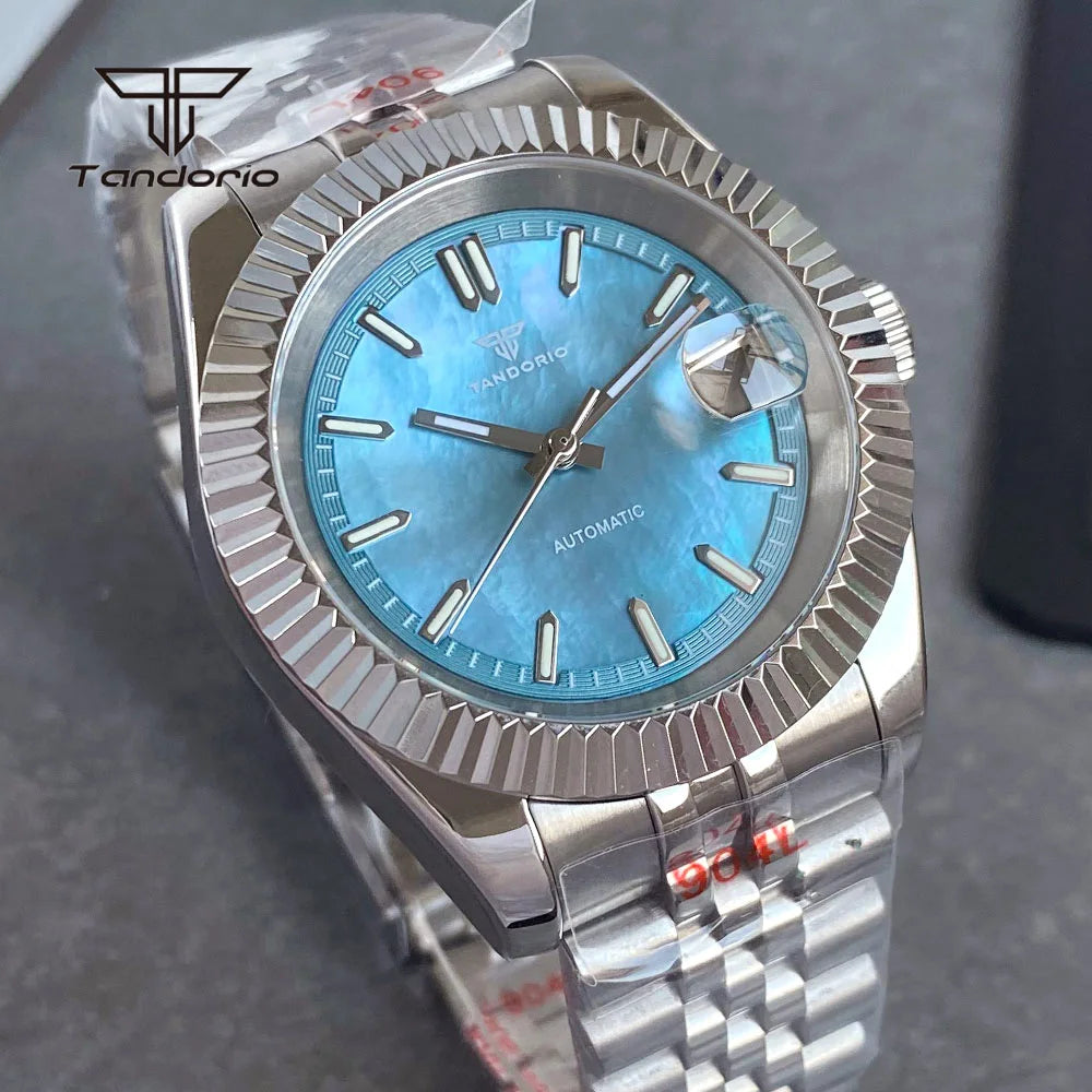 Tandorio 39mm Mechanical NH35 Mother of Pearl Dial Face Stainless Steel Automatic Watch Date Sapphire Men's Wristwatch Luminous
