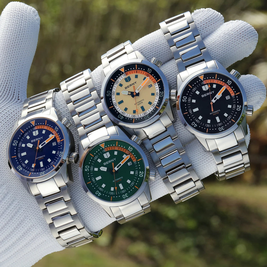BERNY Automatic Diving Watches for Men 20AMT Super Luminous Mechanical Men's Diver Watch Sapphire Full Stainless Steel Dive