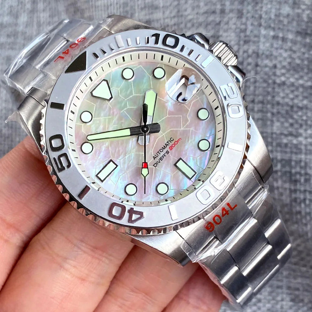 Tandorio 40mm Black White Mother of Pearl Dial Sapphire Glass NH35A Automatic Men Watch Date 20ATM Diver Roating Bezel Luminous