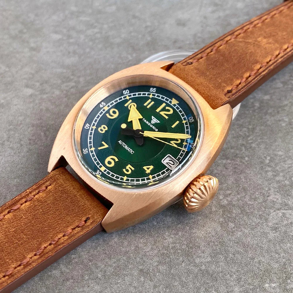 Tandorio CUSN8 Solid Bronze Case NH35A Domed AR Sapphire 36mm Luminous Green Vintage Mechanical Watch Men 20ATM Diving Clock
