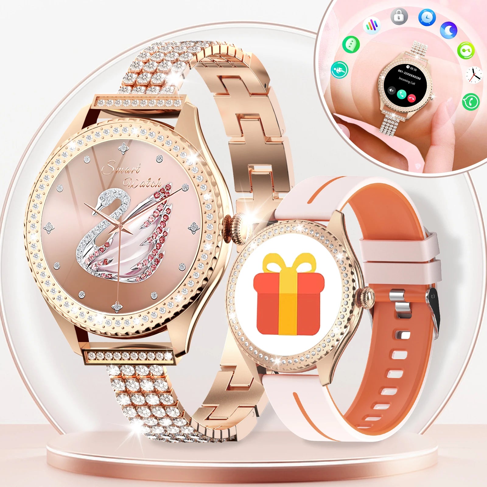 smartwatch for women supports wireless calls, over 100 sports modes and fitness tracking. It features music contr