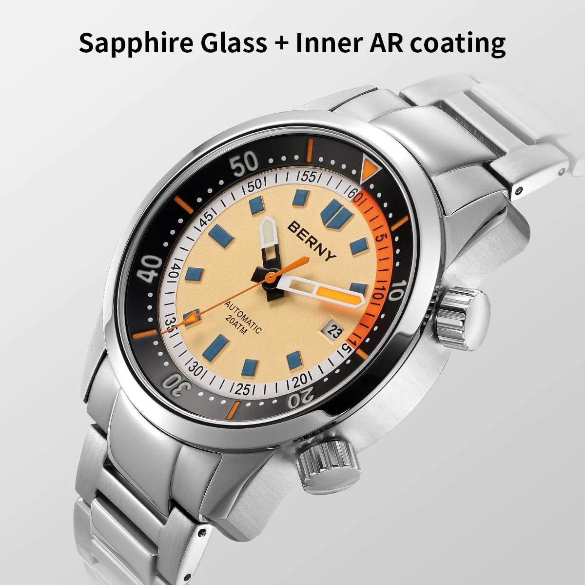 BERNY Automatic Diving Watches for Men 20AMT Super Luminous Mechanical Men's Diver Watch Sapphire Full Stainless Steel Dive