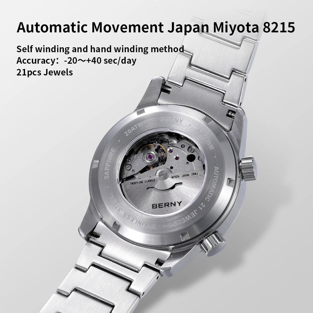 BERNY Automatic Diving Watches for Men 20AMT Super Luminous Mechanical Men's Diver Watch Sapphire Full Stainless Steel Dive