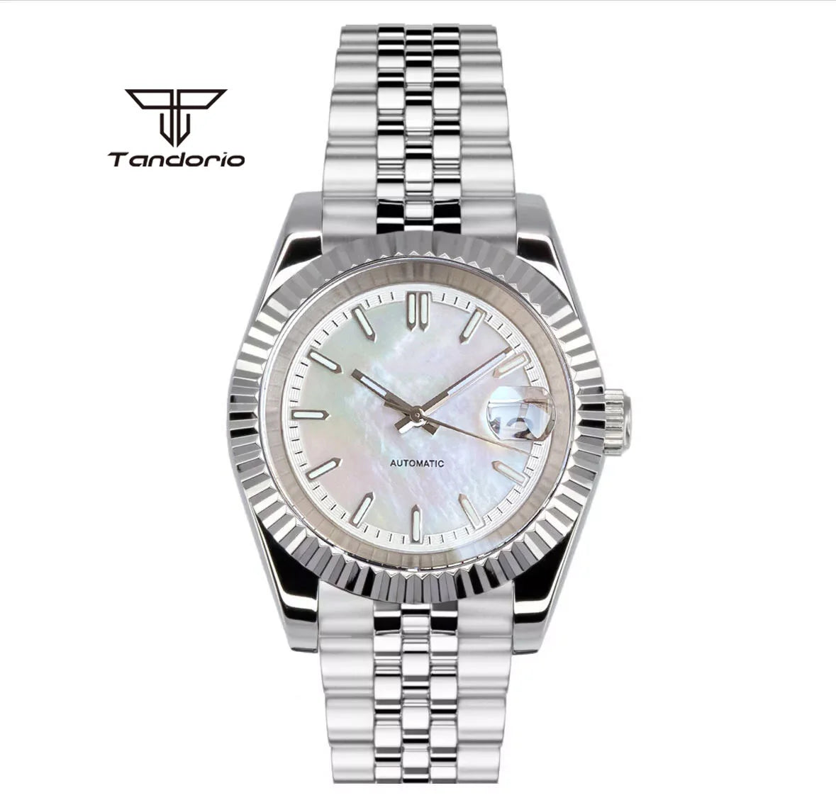 Tandorio 39mm Mechanical NH35 Mother of Pearl Dial Face Stainless Steel Automatic Watch Date Sapphire Men's Wristwatch Luminous