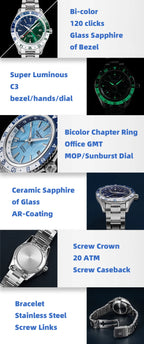 SEESTERN Men of Watch Office GMT Automatic NH34 Movement Sapphire Glass Bezel 20bar Waterproof Diver Mechanical Wristwatch S456