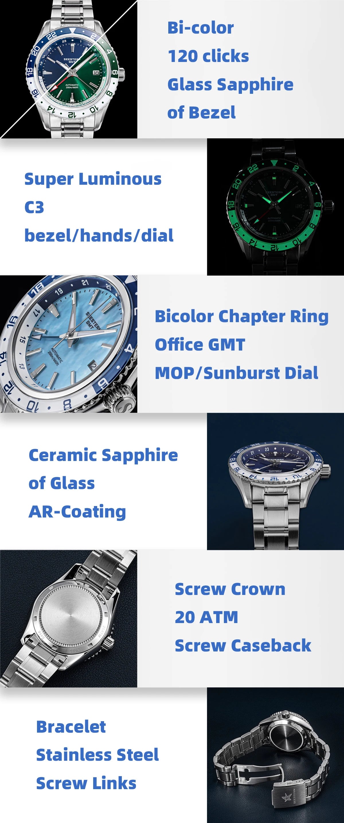 SEESTERN Men of Watch Office GMT Automatic NH34 Movement Sapphire Glass Bezel 20bar Waterproof Diver Mechanical Wristwatch S456