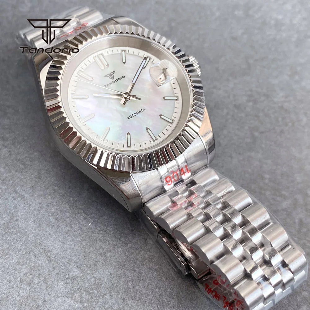 Tandorio 39mm Mechanical NH35 Mother of Pearl Dial Face Stainless Steel Automatic Watch Date Sapphire Men's Wristwatch Luminous