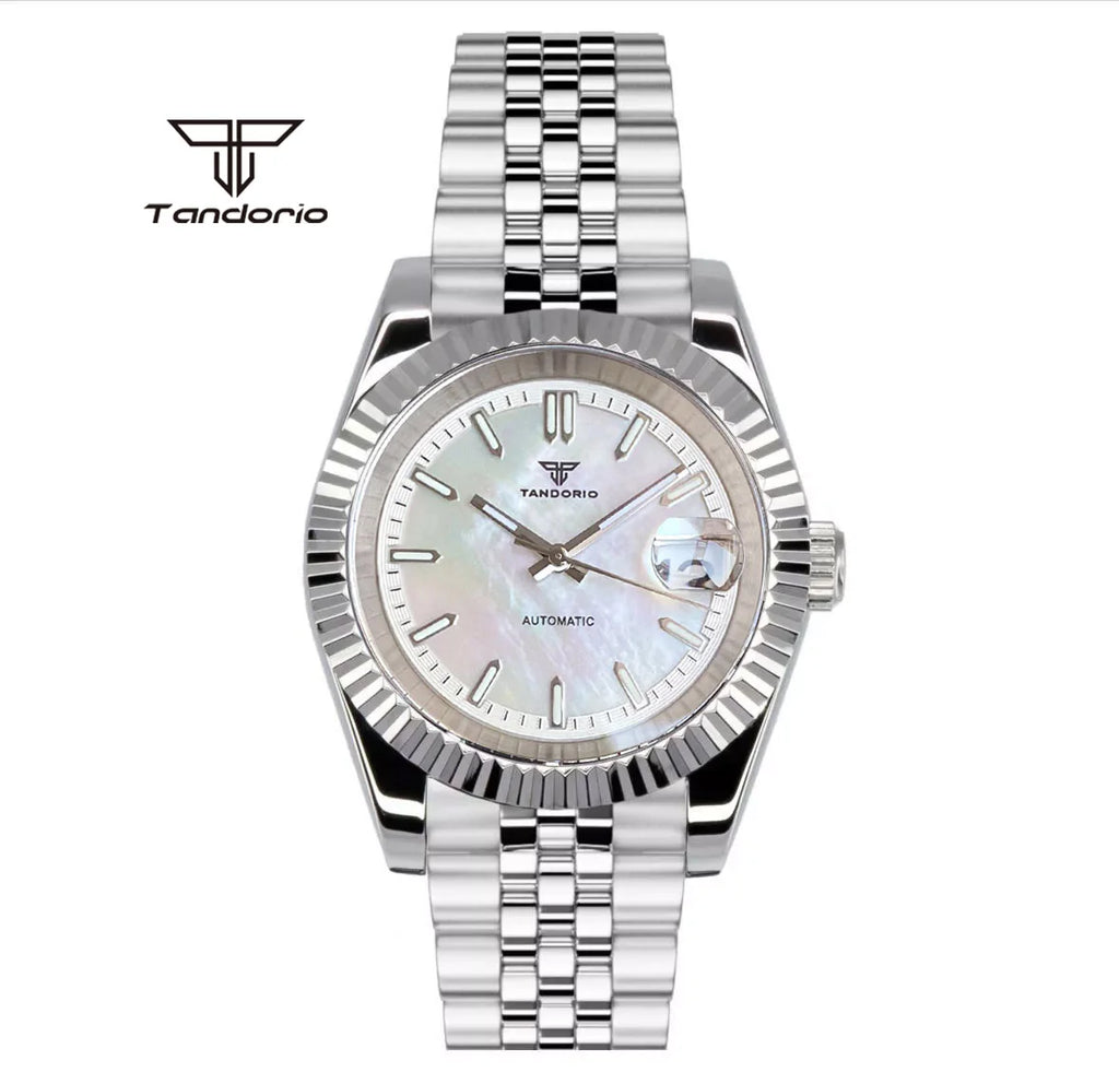 Tandorio 39mm Mechanical NH35 Mother of Pearl Dial Face Stainless Steel Automatic Watch Date Sapphire Men's Wristwatch Luminous