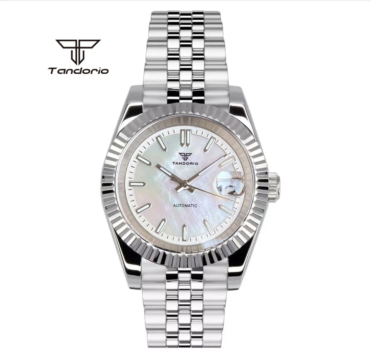 Tandorio 39mm Mechanical NH35 Mother of Pearl Dial Face Stainless Steel Automatic Watch Date Sapphire Men's Wristwatch Luminous