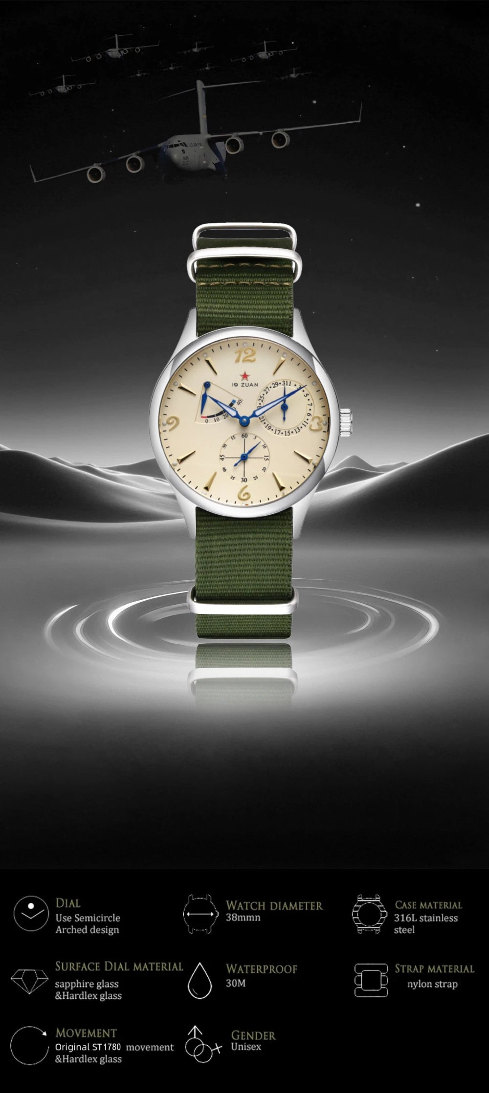 New 1963 40mm Mens Pilot Automatic Mechanical Watch Seagull ST17 Sapphire Crystal Waterproof Retro Style